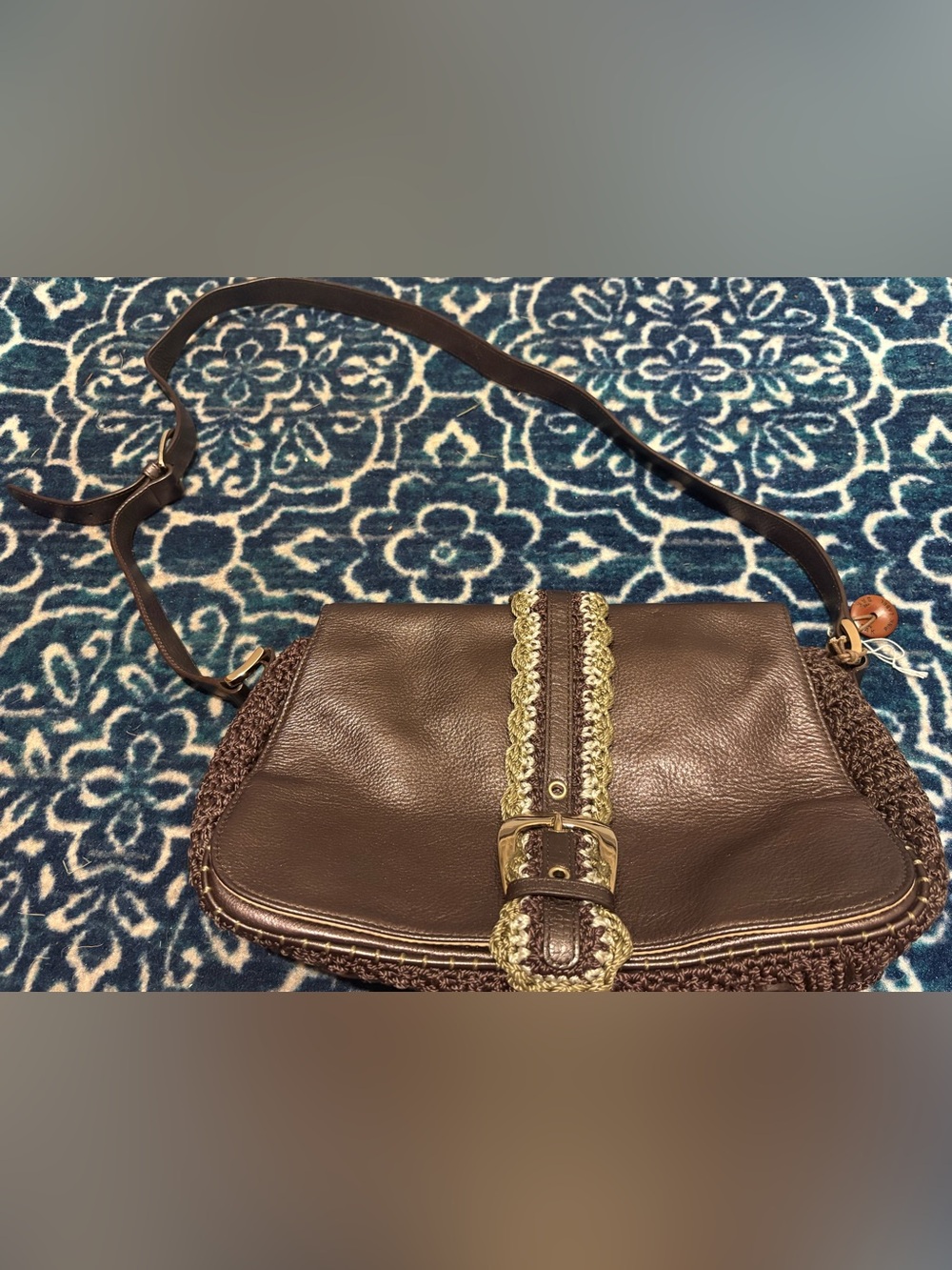 Brown Leather Crossbody Bag with Gold Trim